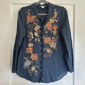 Sundance Navy Embroidered Button Down Shirt